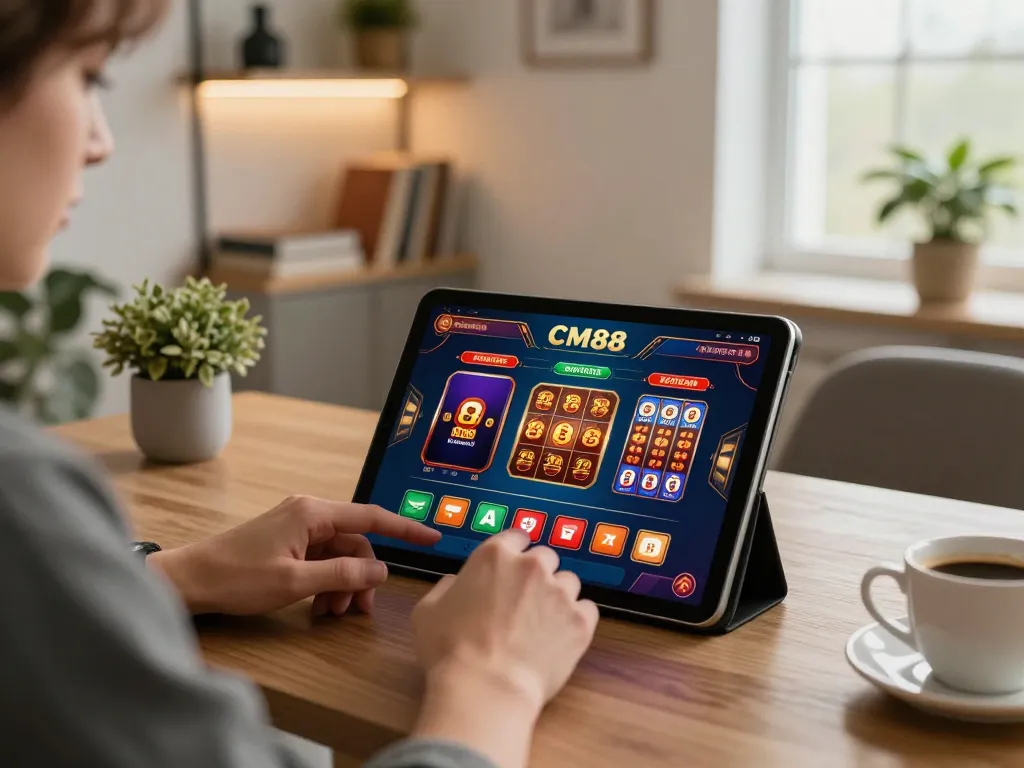 Player engaging with CM 88 online casino games on tablet in a cozy home office.