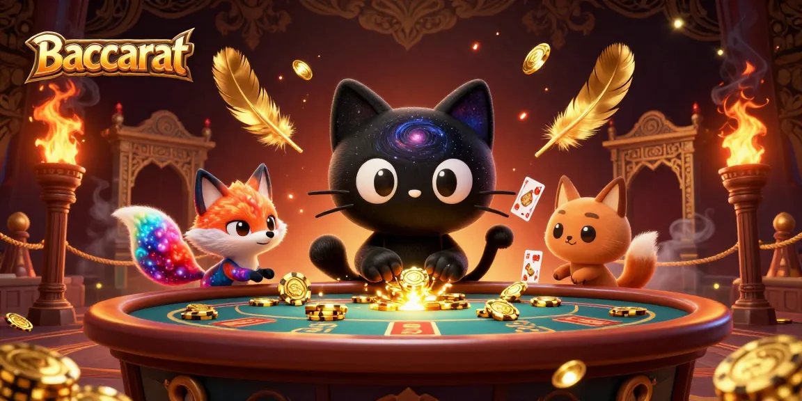 Baccarat game illustration featuring a cartoon black hole cat and nebula fox at a casino table.
