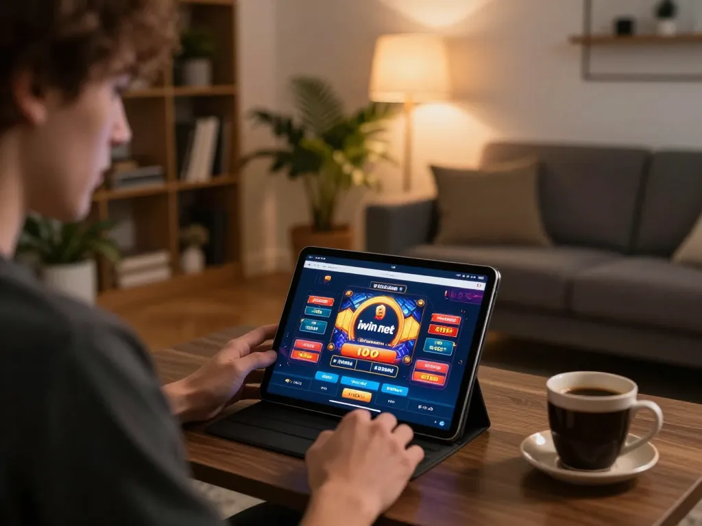 Engaging player using the iwin net app on a tablet in a cozy living room, focused on strategy and gameplay.