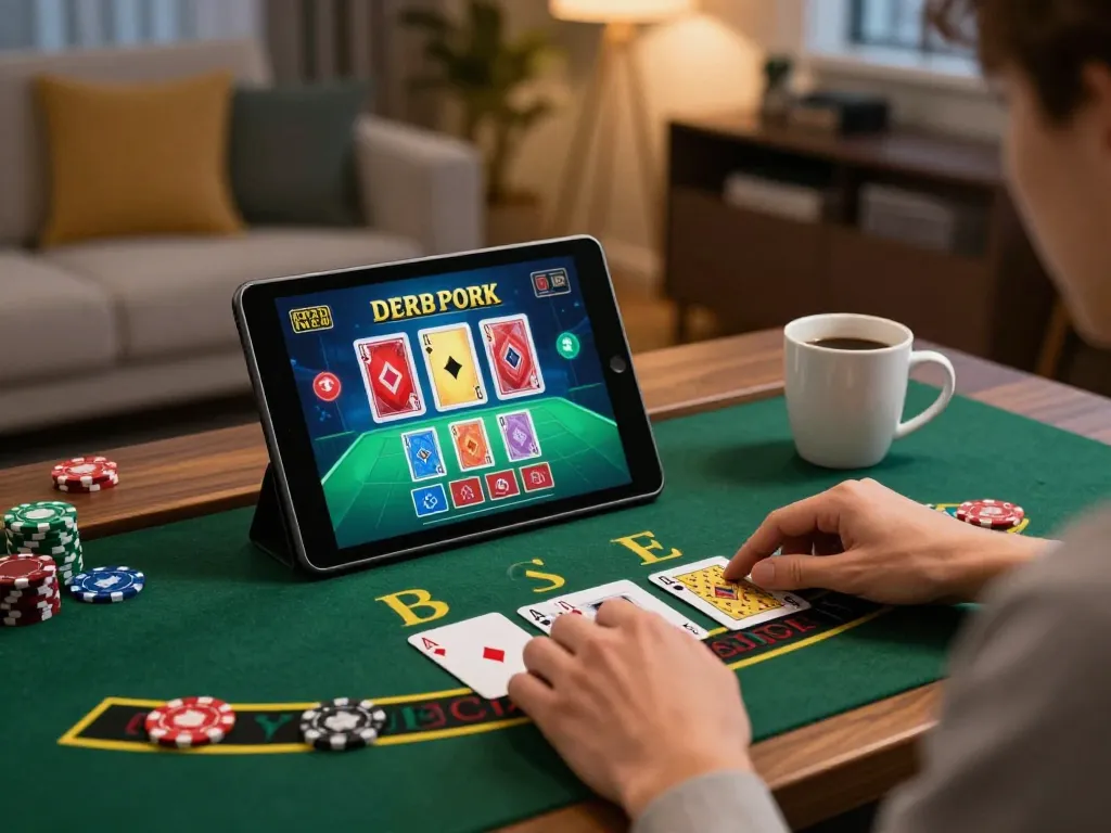 Engaged player betting on 8xbet live dealer blackjack in a cozy home environment.