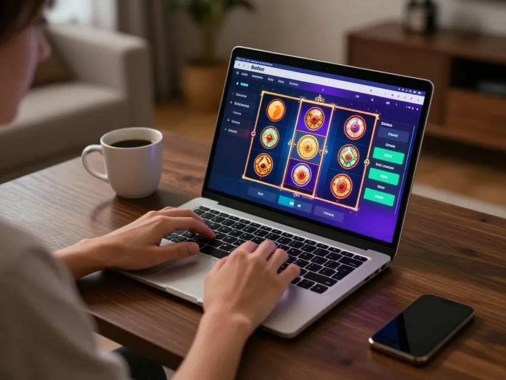 Engaging in BetBet online gambling with modern setup, showcasing colorful slots on screen