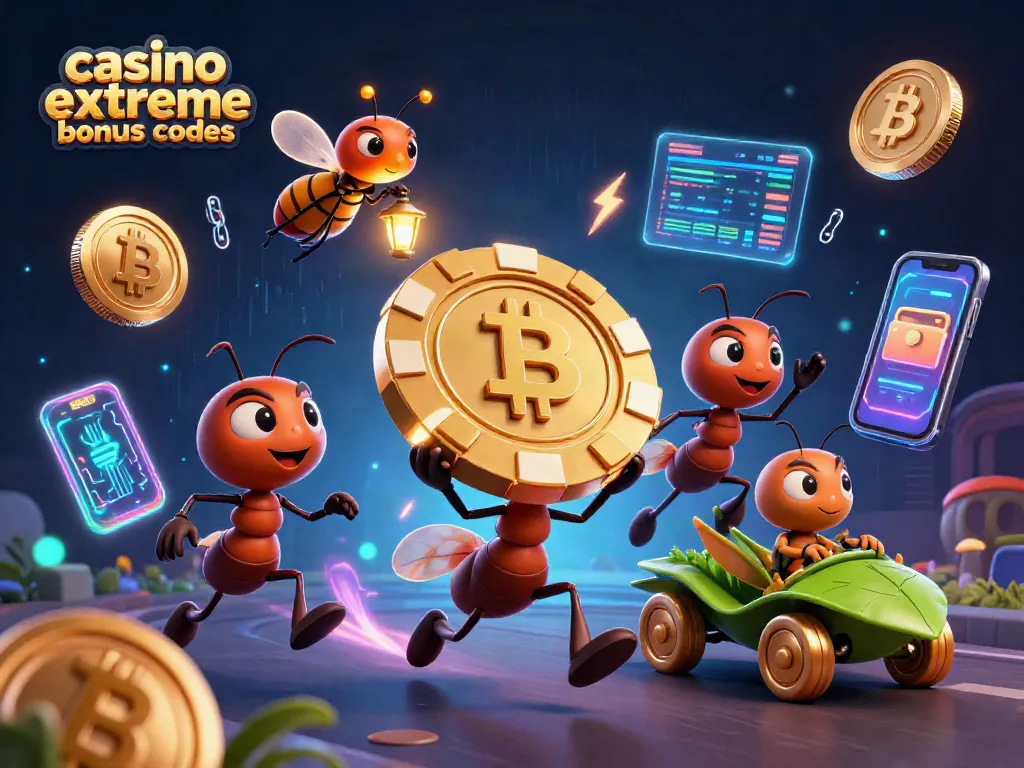 Engaging scene of ants in a heist depicting casino extreme bonus codes with vibrant 3D cryptocurrency elements.