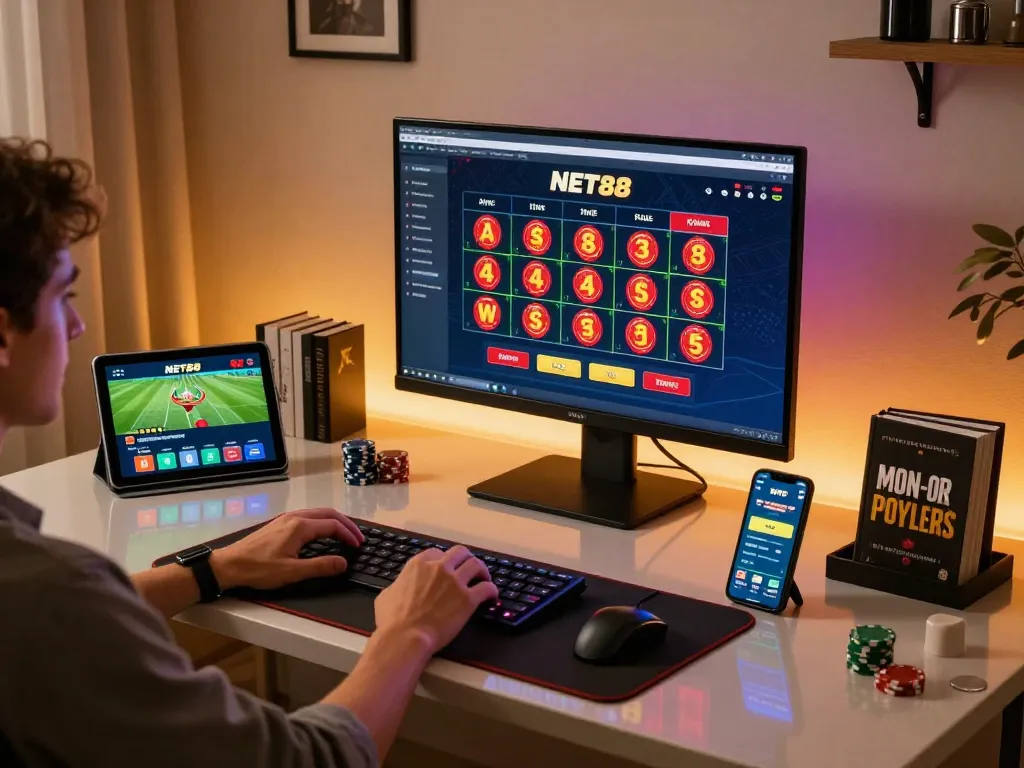 ENGAGING online casino play on NET88 with player using laptop in modern home setting.