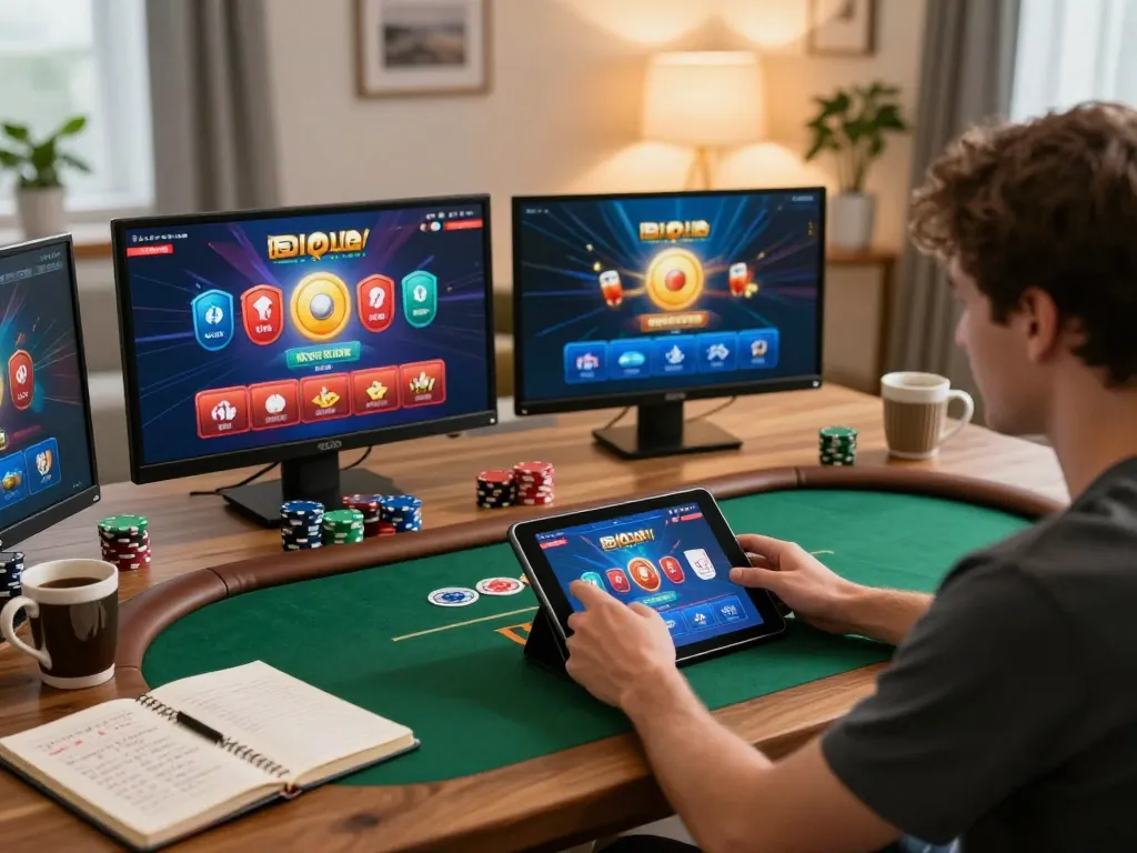 Player strategizing in NK 88 poker game on tablet with engaging home decor.