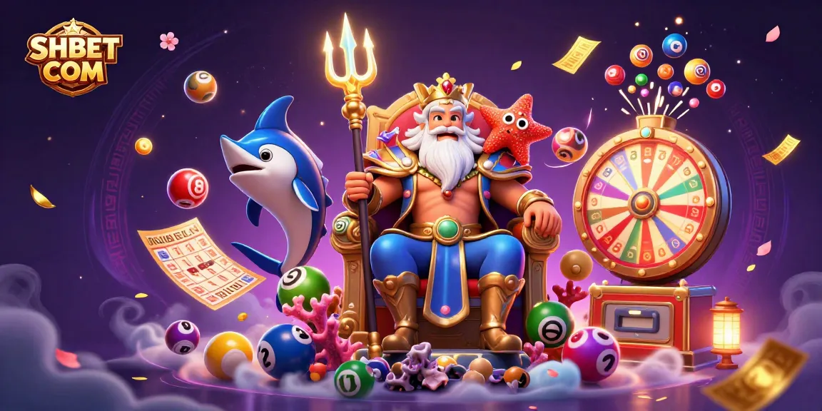 Win big with lottery fun at SHBET COM, featuring a vibrant 3D casino scene with gaming elements.