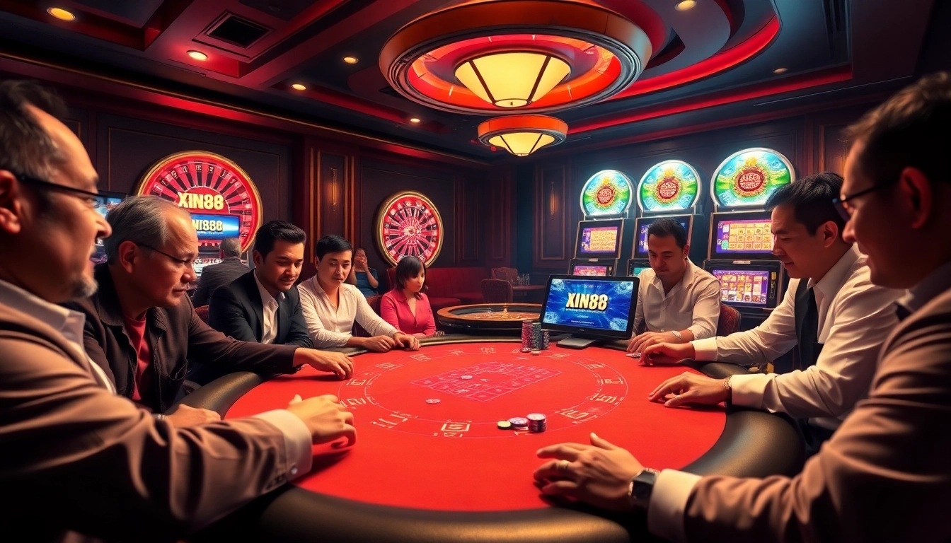 XIN88 players at a vibrant casino table experiencing high-stakes gaming excitement.