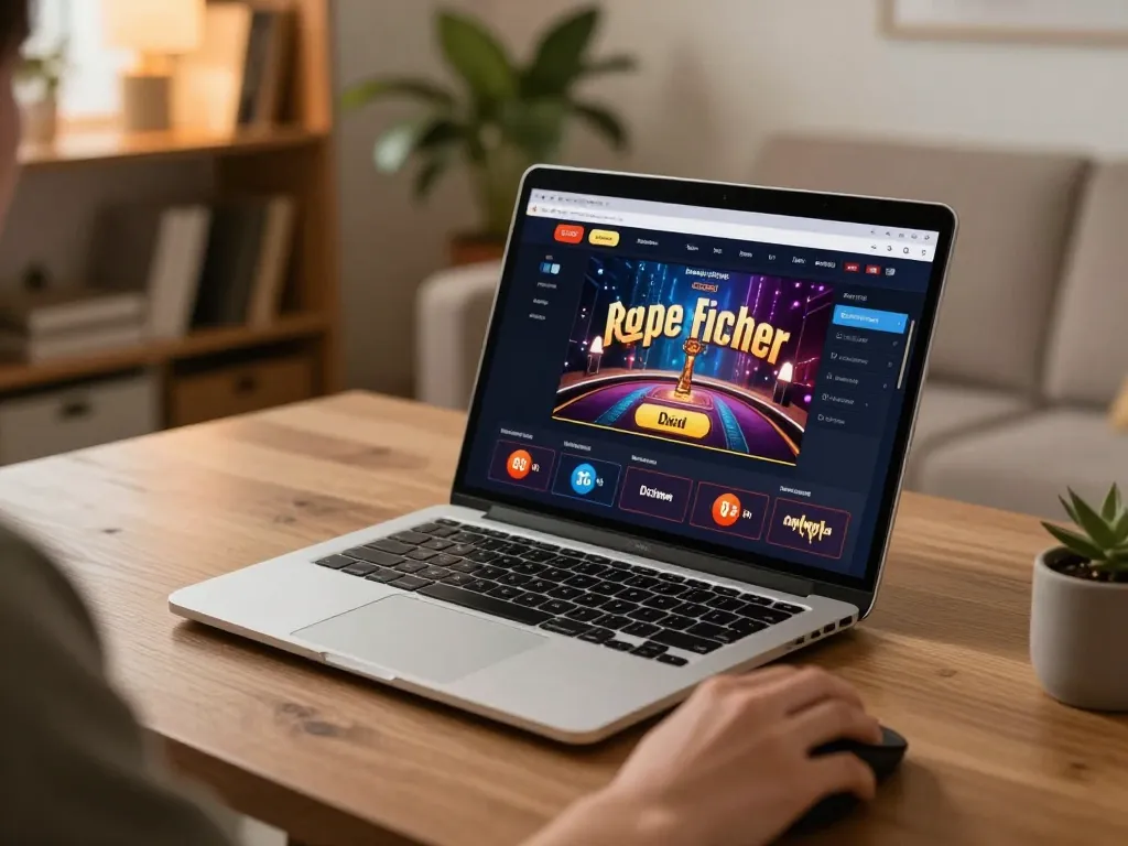 Player engaged in strategic online gaming at situs toto, showcasing laptop interface in a cozy setting.