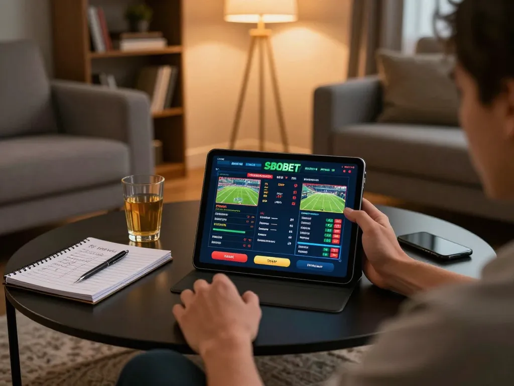 Engaging SBOBET mobile sports betting displayed on a tablet in a cozy home setting.