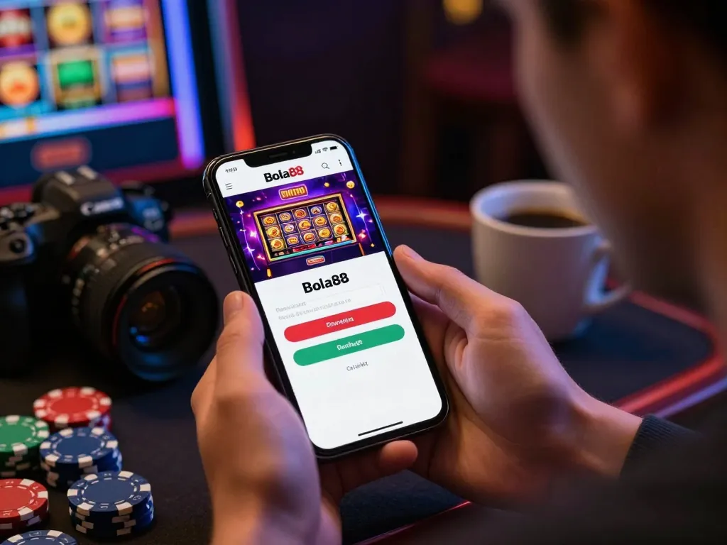 Bola88 Login on mobile device in a casual gambling setup with chips and a cozy atmosphere.
