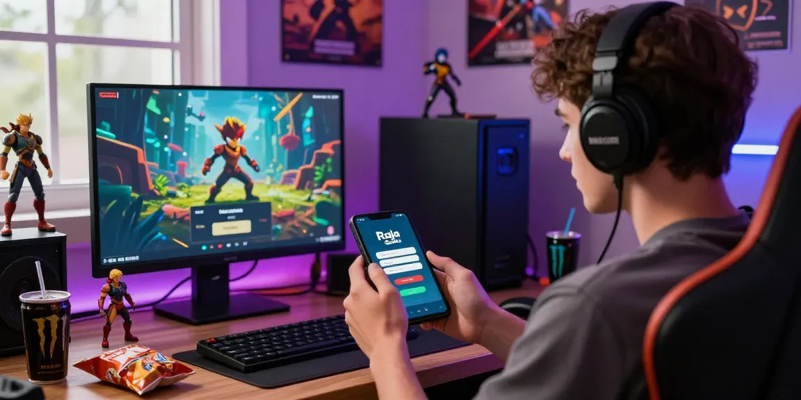 Enter your Raja Game login details on a vibrant gaming setup featuring accessories and exciting atmosphere.