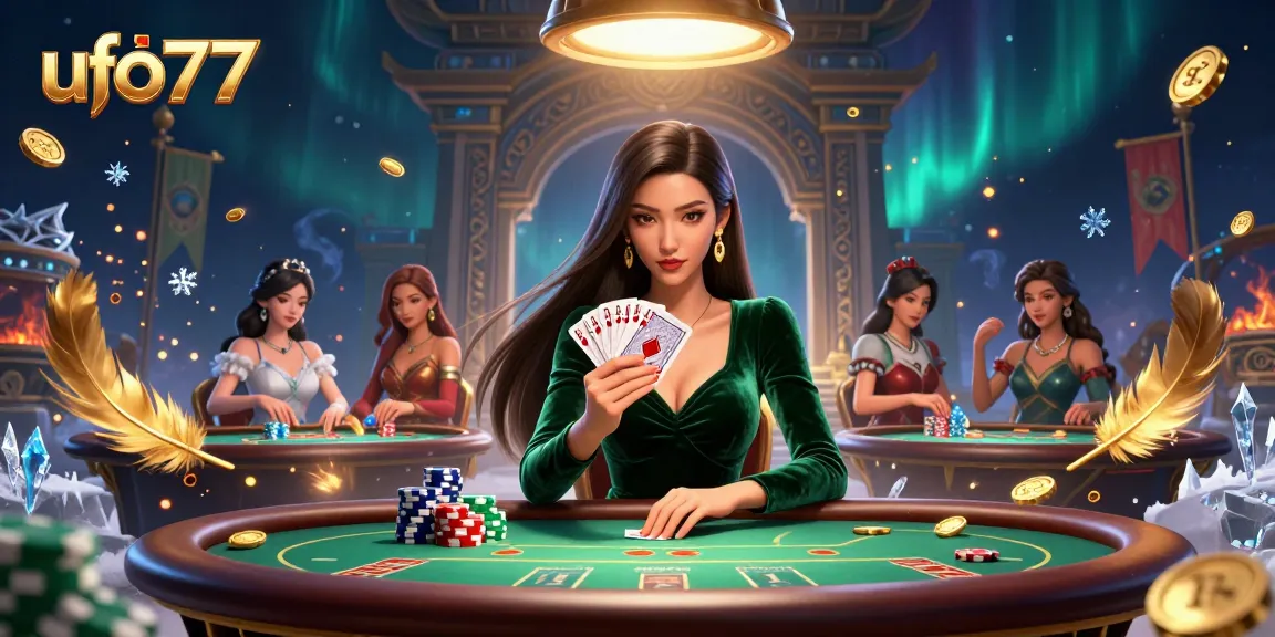 Experience thrilling gameplay at ufo777 with a stunning casino illustration featuring poker and rich details.