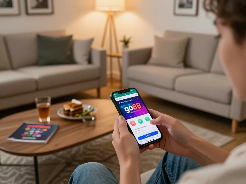 Engaged user accessing the go88 web app on smartphone in a cozy living room.