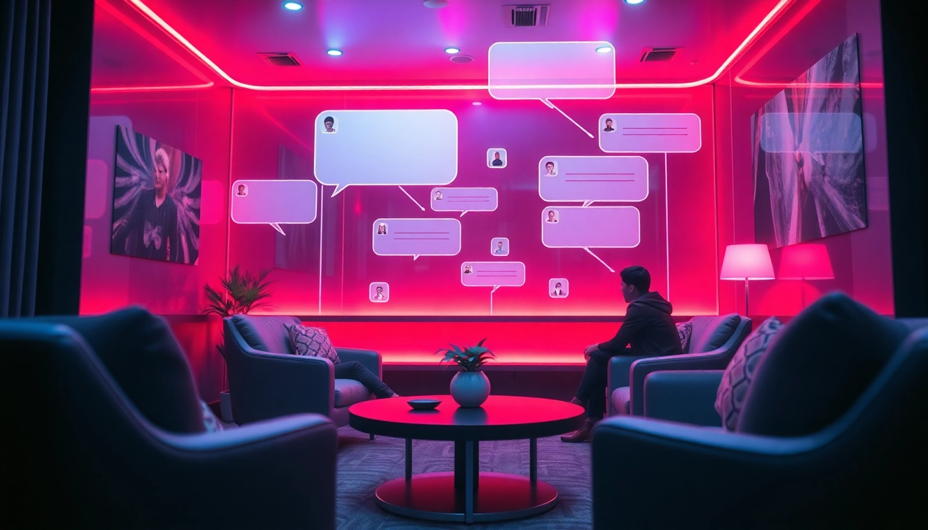 Engaging spicychat interface in a cozy virtual lounge, illustrating immersive conversations.