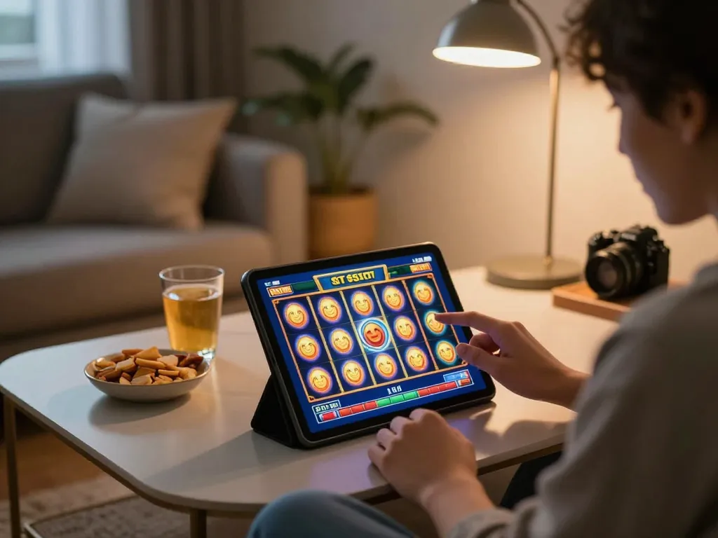 Player enjoying situs slot games on a tablet in cozy home setting with snacks and warm lighting.