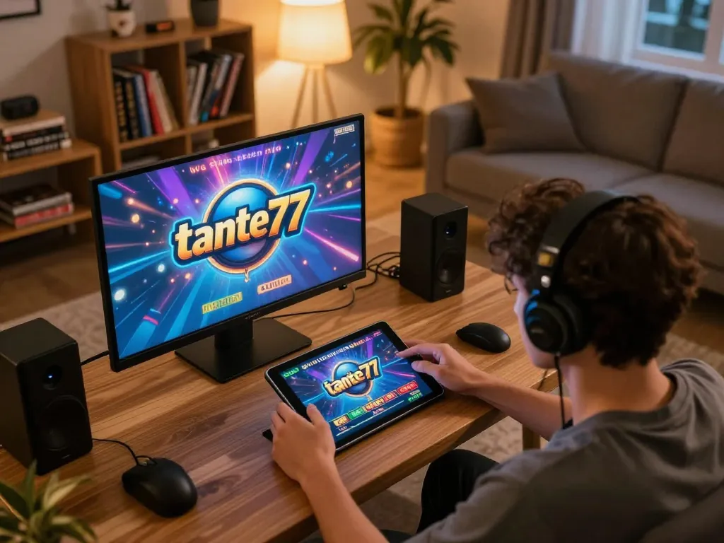 Pengalaman bermain tante77 dengan seorang pemain yang menikmati slot online di tablet di ruang tamu yang nyaman.