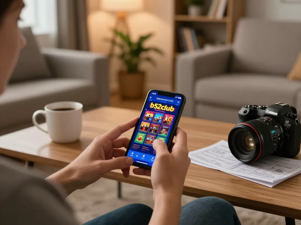 B52club user playing mobile casino game on smartphone in cozy living room with strategy notes.