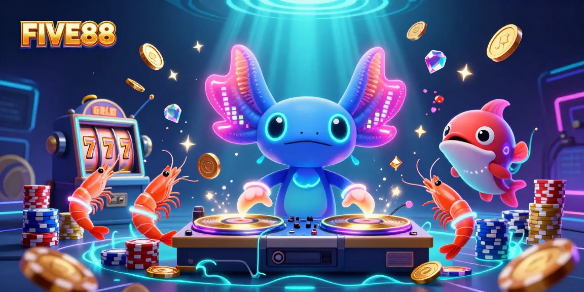 Experience the thrill of FIVE88 with a vibrant underwater casino scene featuring a neon axolotl DJ, slot reels, and dancing shrimp.