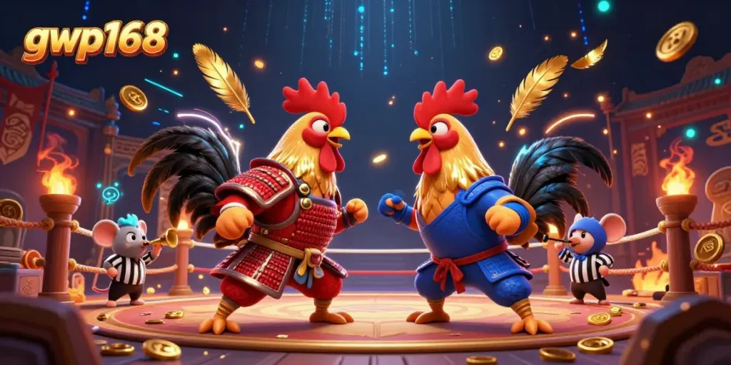 GWP168 menggambarkan rooster bertarung dalam arena, menjadi simbol permainan slot.