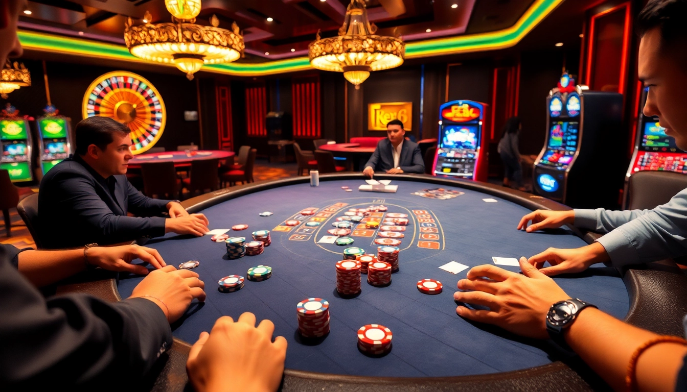 Engage in thrilling poker action at EE88 casino with vibrant chips and cards.