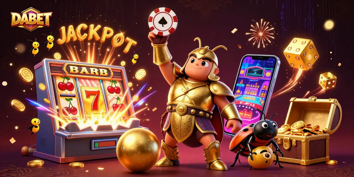 DABET promotes winning strategies in a vibrant casino scene with a heroic beetle and jackpot elements.
