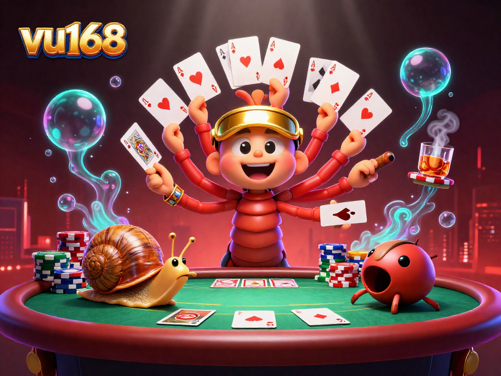 Experience thrilling wagers at vu168 with an animated dealer showing poker cards and players engaged in the excitement.