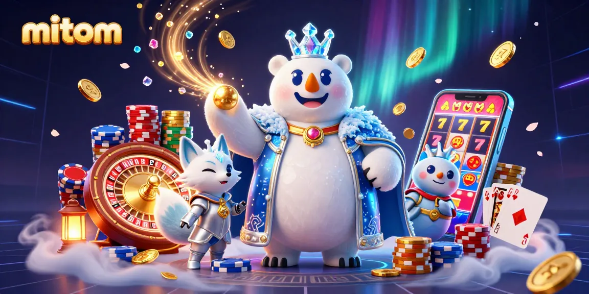 Experience the thrill of gaming with mitom, showcasing a 3D polar bear and snow fox amidst sparkling casino elements.