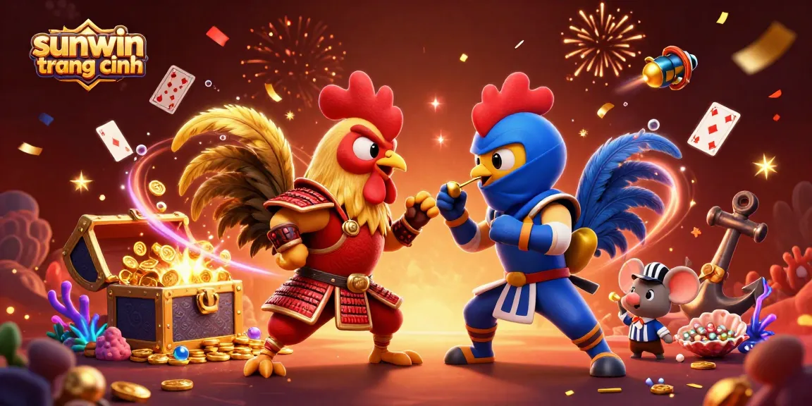 Engage with the sunwin trang chính scene showing twin roosters in a thrilling showdown combined with colorful casino elements.