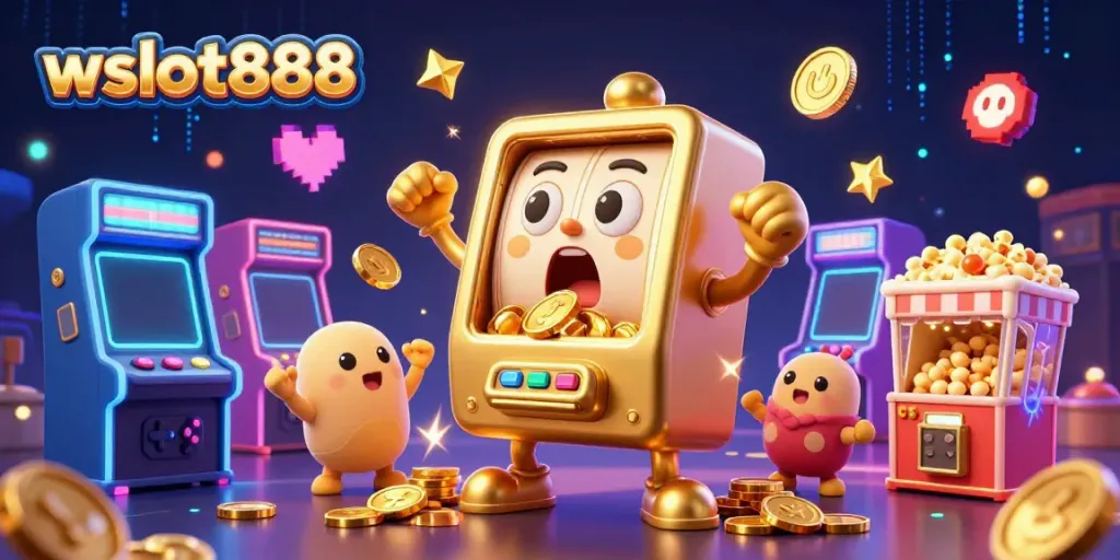 Visualisasikan momen kemenangan wslot888 dengan mesin slot menghasilkan koin emas dari mulutnya dan mesin slot kecil merayakan di sampingnya.