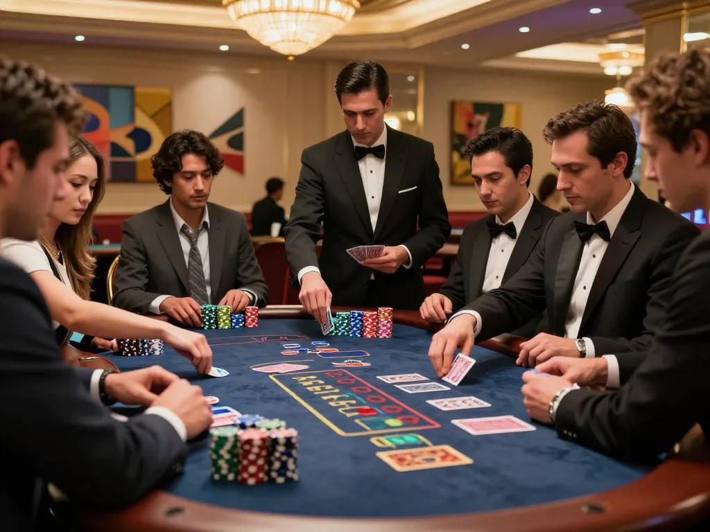 33win players strategizing at a blackjack table in a vibrant Vegas casino setting.