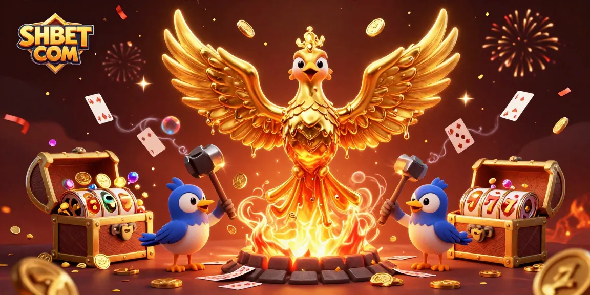 Experience big wins at SHBET COM with golden phoenix and dynamic gaming elements in a vibrant casino scene.