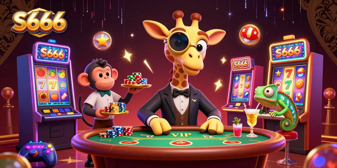S666 Casino features a giraffe high-roller at a VIP table with neon slot machines and vibrant cocktails.