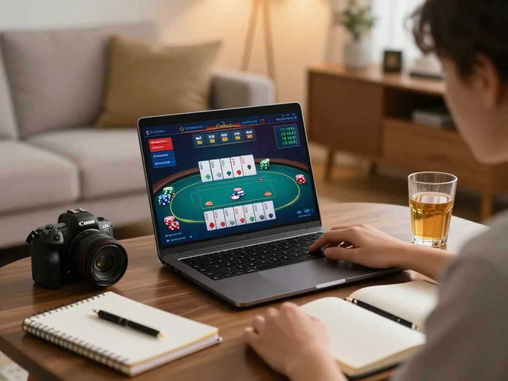 Engaging online casino gameplay on OKFUN with detailed poker interface and cozy home setup.