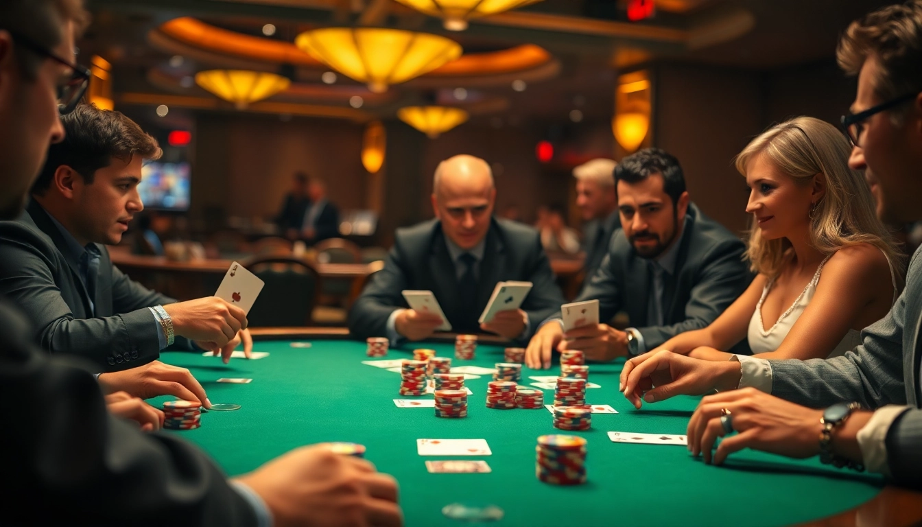Experience the excitement of the Blackjack Casino with players at a lively gaming table.