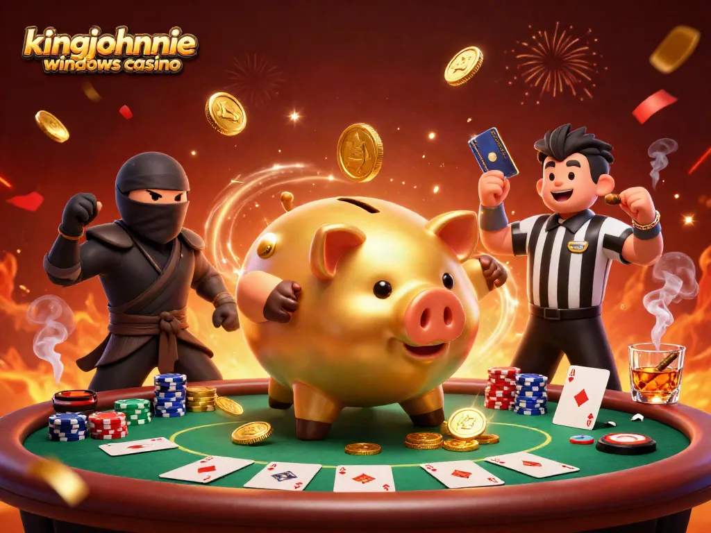 Engage in thrilling gaming action at kingjohnnie windows casino with cartoon characters and poker elements.