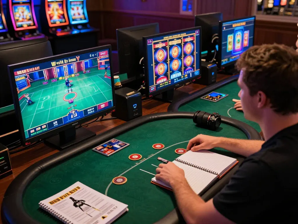 Engaging in online gambling with dh88 strategies on multiple screens in a stylish home office