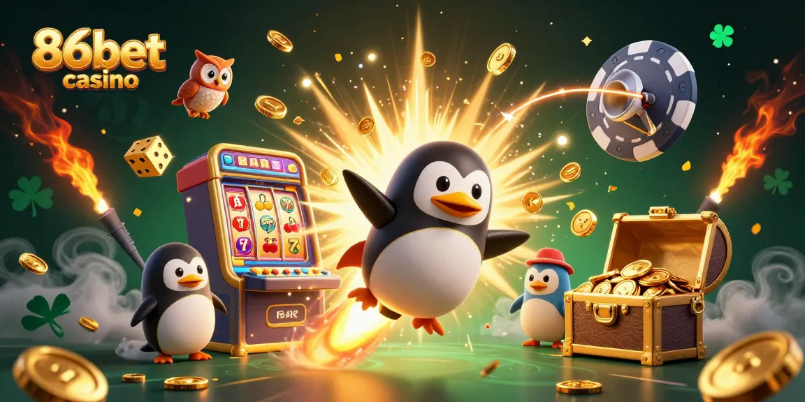 Win big at 86bet casino with a vibrant scene of a golden penguin flying to a jackpot!