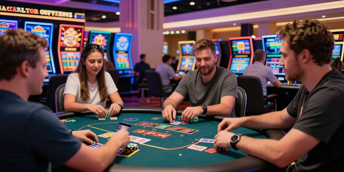 Online gaming experience at credit card casinos featuring players and vibrant slot machines from https://dea.org.uk.