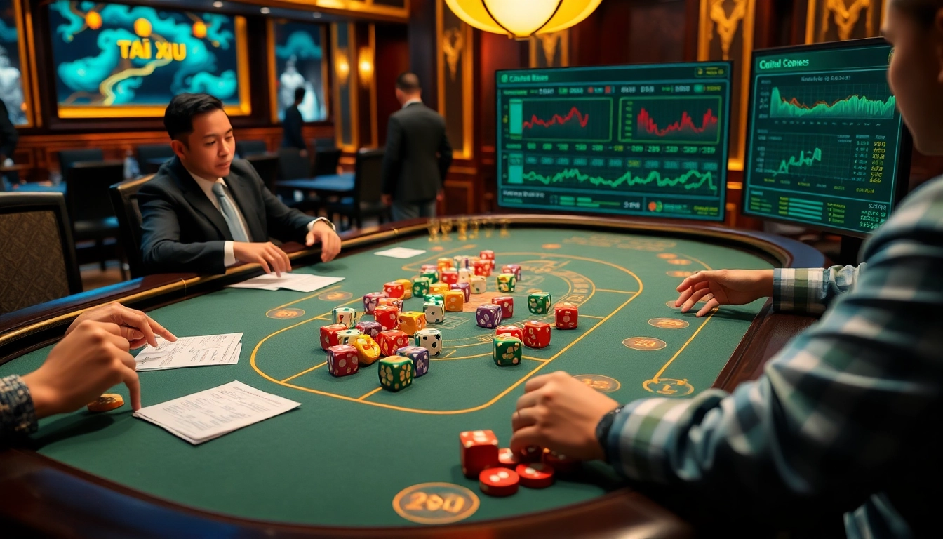 Engaging scene of players enjoying game tài xỉu at a luxurious online casino platform.