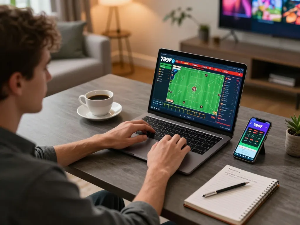 Engaged player using 789F casino app on laptop while strategizing sports bets at home