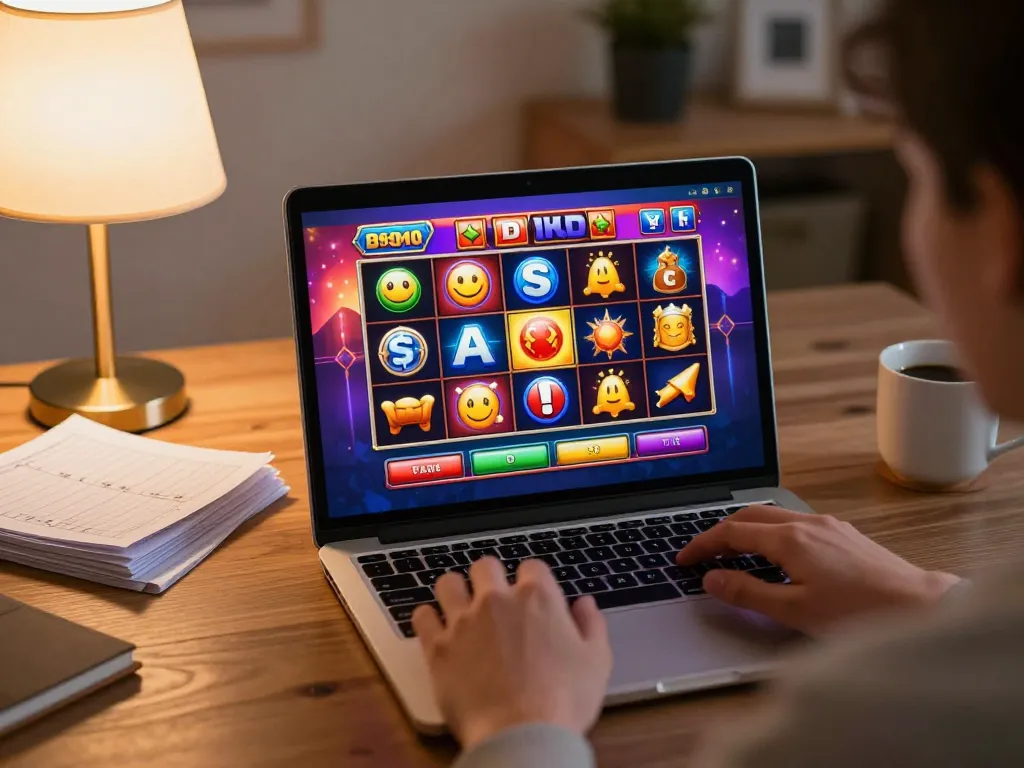 Terlibat dengan permainan Slot Demo dalam suasana rumah yang nyaman, menampilkan pemain yang terlibat dalam aksi kasino online.