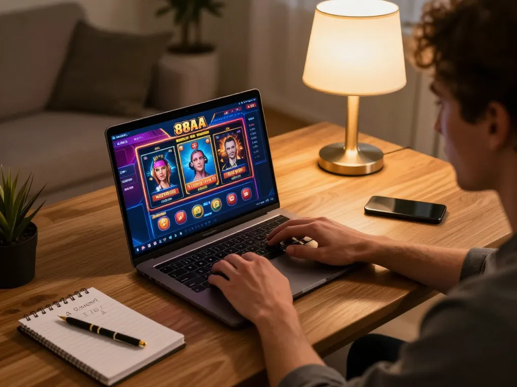 Engaging in a strategic game session on 88aa online casino platform from a cozy home setup.