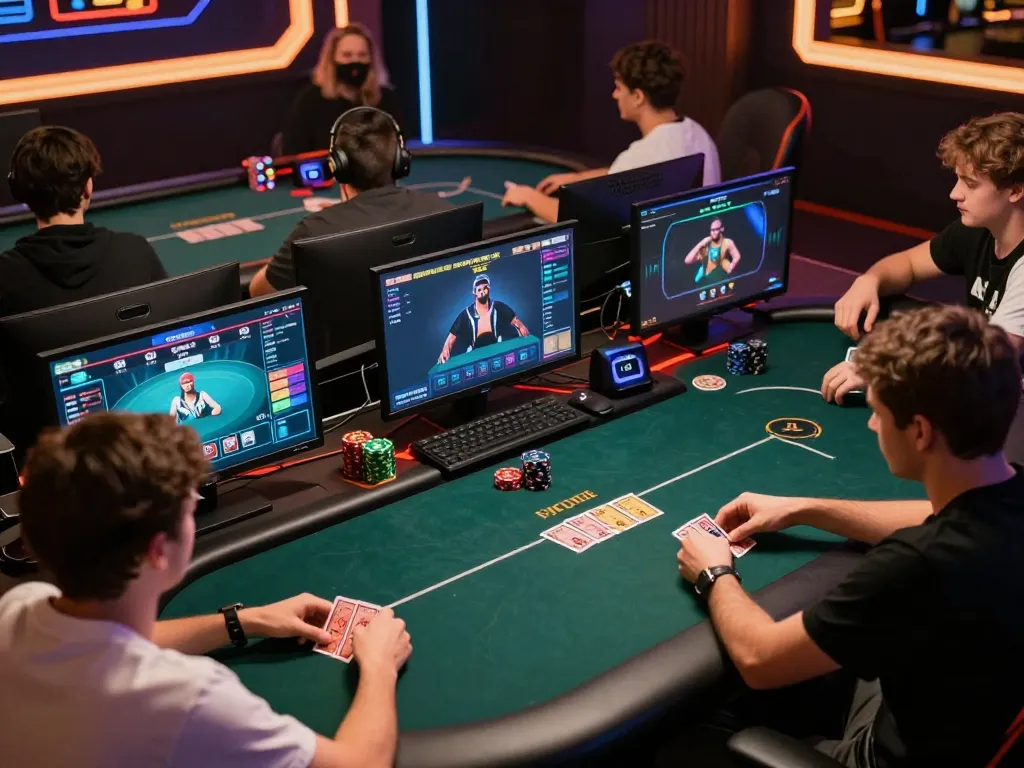 Dynamic online poker gameplay at nk88 with players analyzing cards and vibrant desktop setup.
