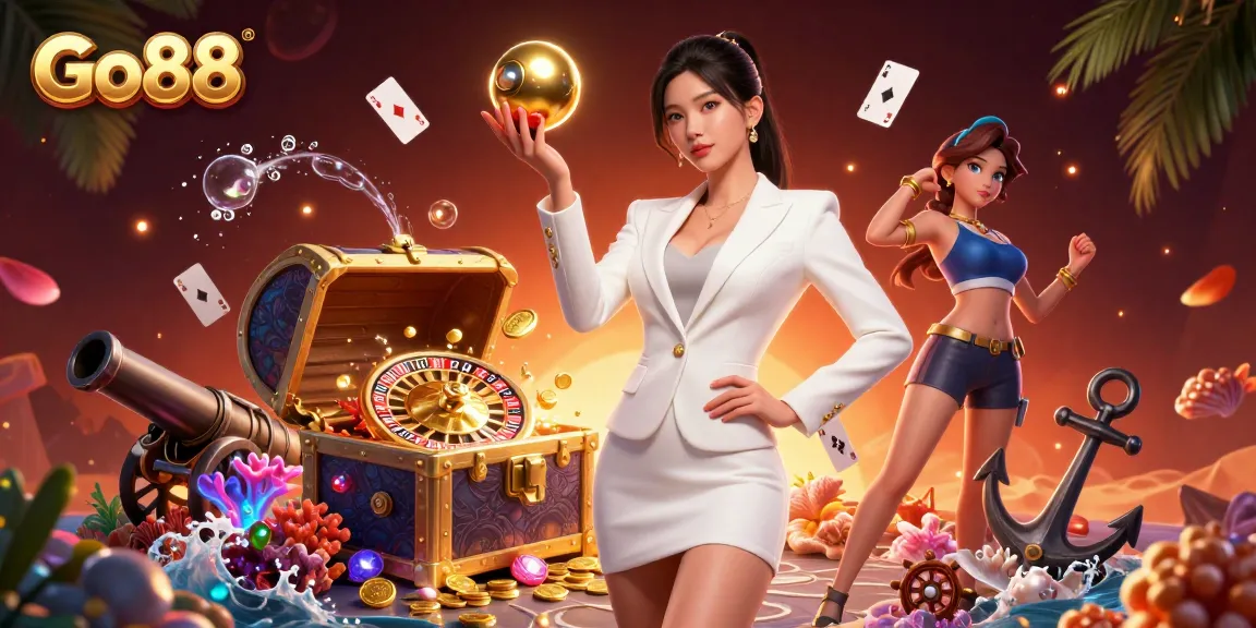 Play exciting casino games with Go88's vibrant illustration depicting an Asian dealer and golden treasures.