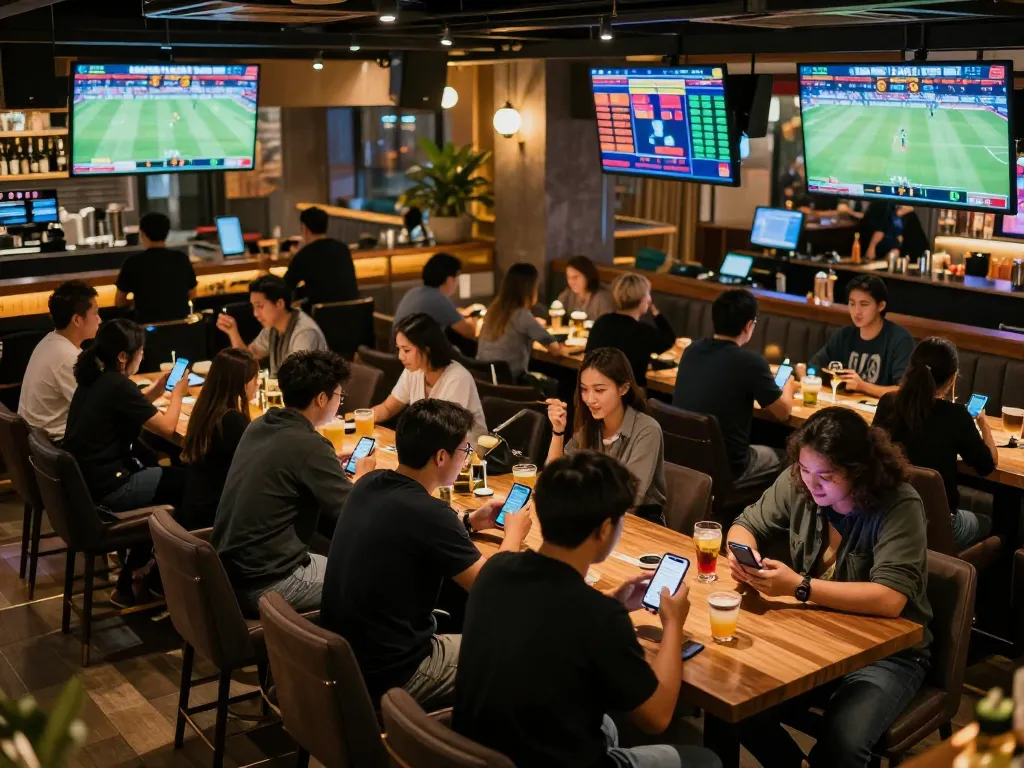 Fans engaging in sports betting excitement at vaobet with live event screens and mobile devices.