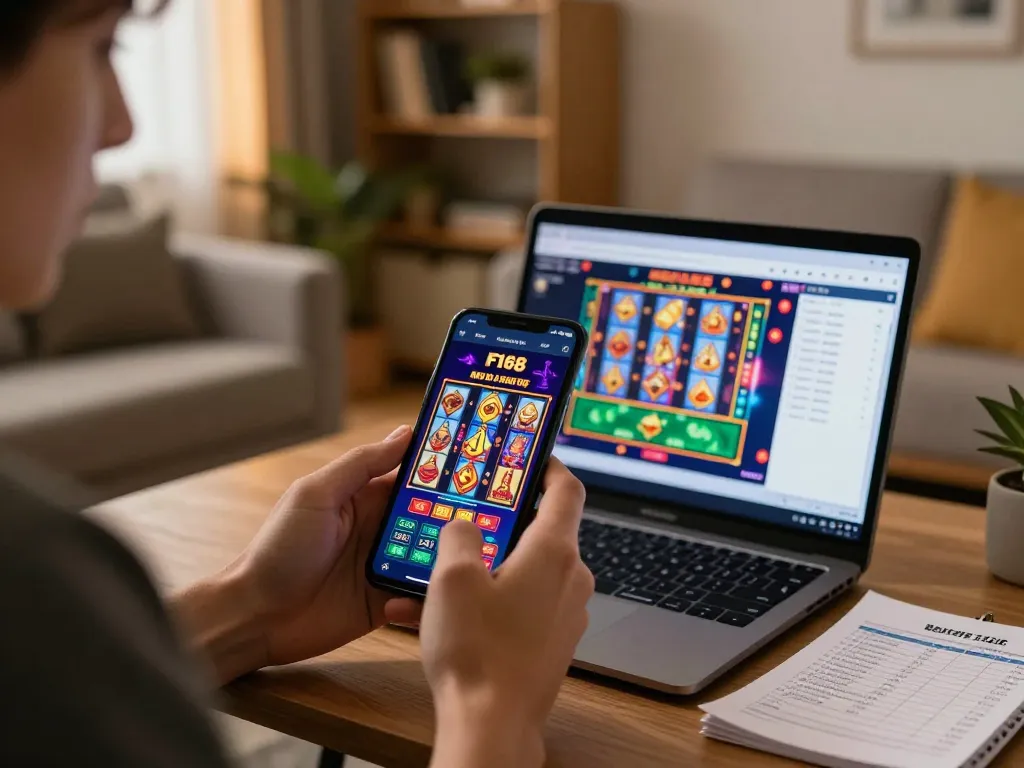 Player enjoying the F168 gaming experience on a mobile device in a cozy home setting.