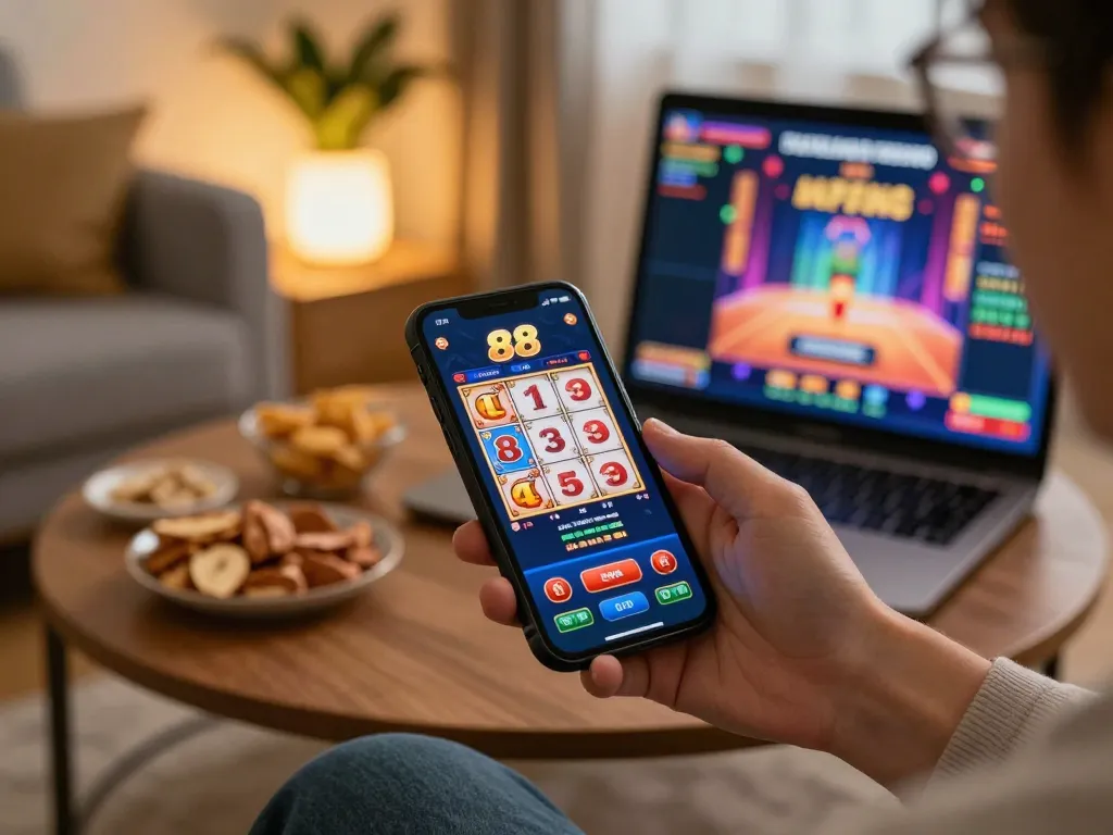 Engaging gameplay on the slot88 app showcasing spinning reels in a cozy home environment