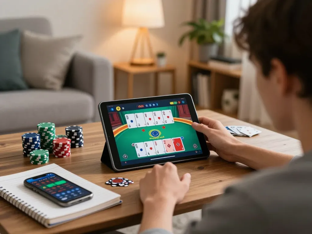 Player strategizing in F168VIP poker game at home, emphasizing casual yet strategic online gaming.
