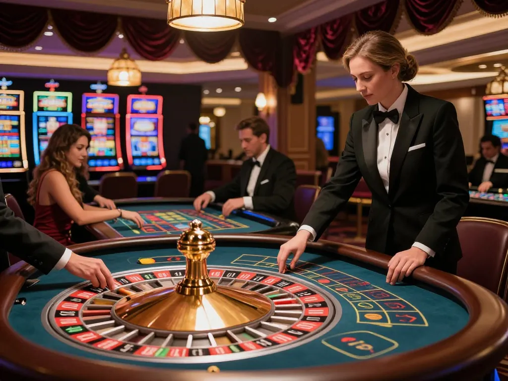 BK8 roulette table scene with players placing bets, showcasing lively casino atmosphere.