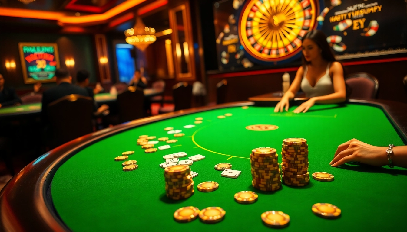 BJ388's luxurious gambling scene featuring an elegant dealer, poker chips, and a roulette wheel.