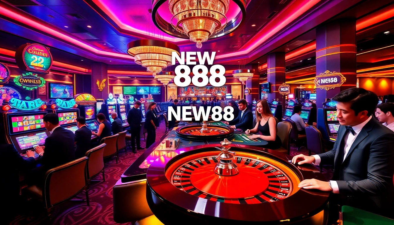 Players experiencing the excitement of the NEW 88 casino with vibrant slot machines and roulette.